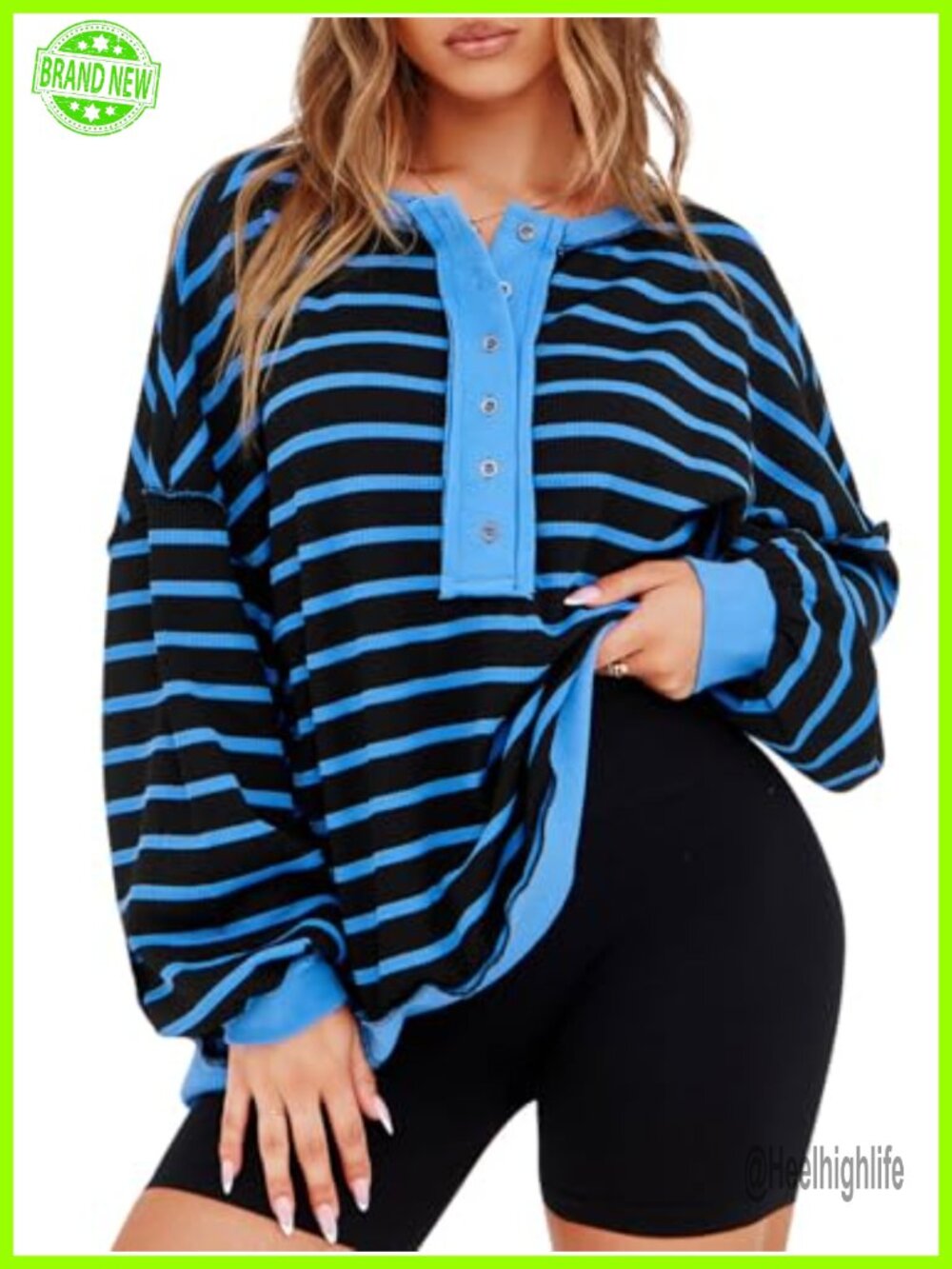 Oversized Waffle Knit Sweatshirt Button Henley Neck Pullover Top